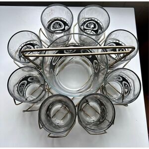 Vtg Hazel Atlas Coins Of the World 8 Glasses, Ice Bucket Black Gold & Caddy MCM